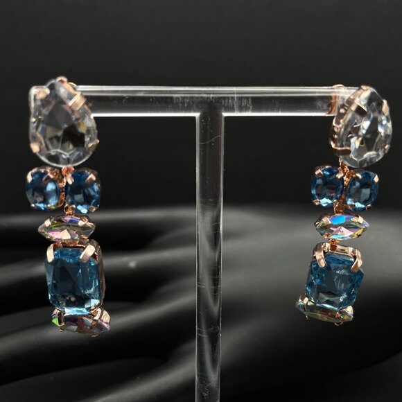 Vintage Blue Aurora Borealis Rhinestone Dangle Pierced Earrings Rose Gold Tone - Picture 9 of 9